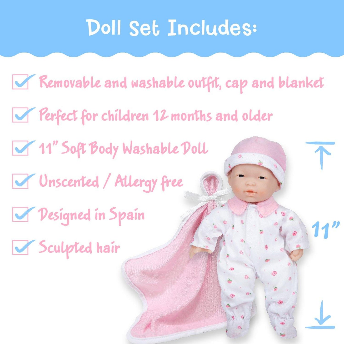 JC Toys, La Baby 11 inch Soft Body Asian Baby Doll in Pink Outfit