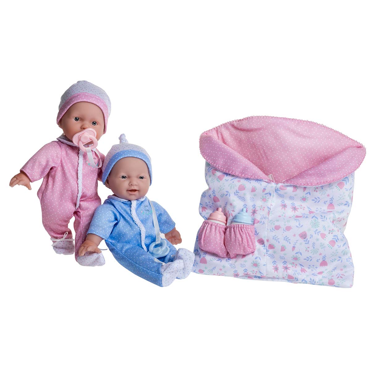JC Toys La Baby Twins Sleeping Bag Gift Set |11-inch Small Soft Body Dolls Washable |Removable Pink and Blue Outfits, Pacifier & Blanket | 12 Months+