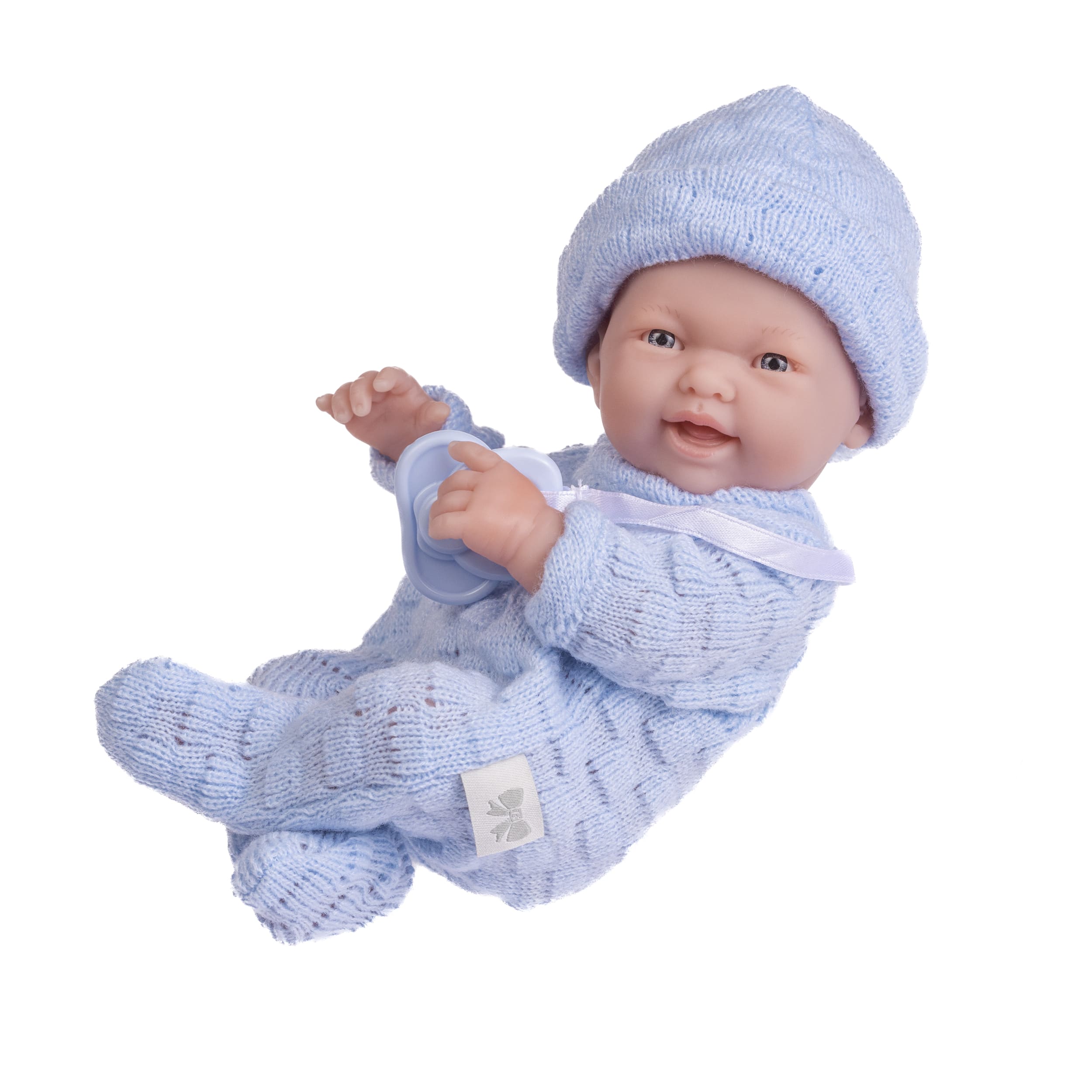 JC Toys Mini La Newborn All Vinyl 9.5in Real Boy Baby Doll dressed in Blue