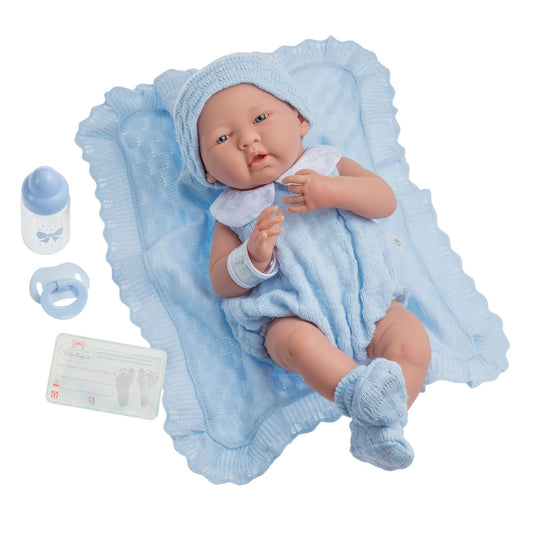 JC Toys, La Newborn All Vinyl Real Boy 15in Baby Doll in Blue Knit Outfit