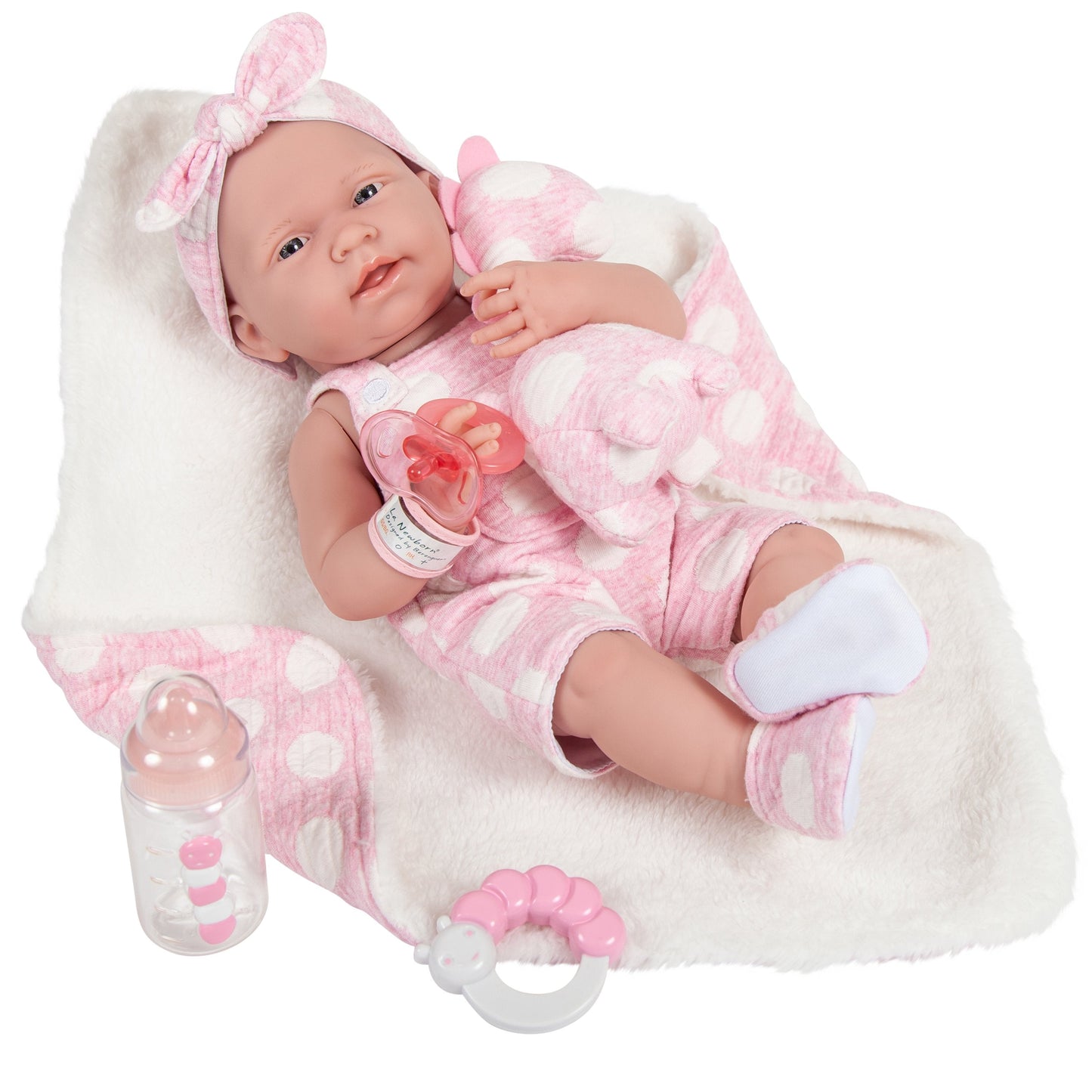 JC Toys, La Newborn AllVinyl Real Girl 15in Baby Doll-Pink with White Polka Dots