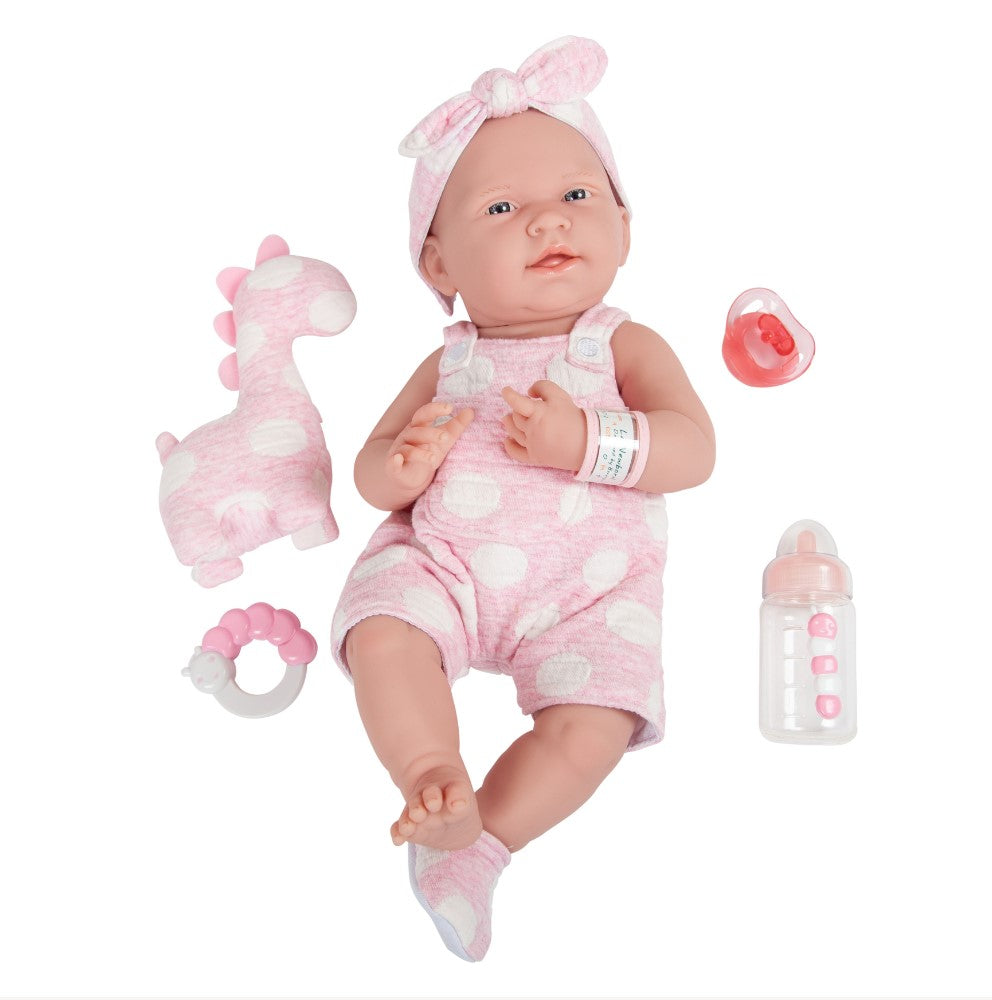 JC Toys, La Newborn AllVinyl Real Girl 15in Baby Doll-Pink with White Polka Dots