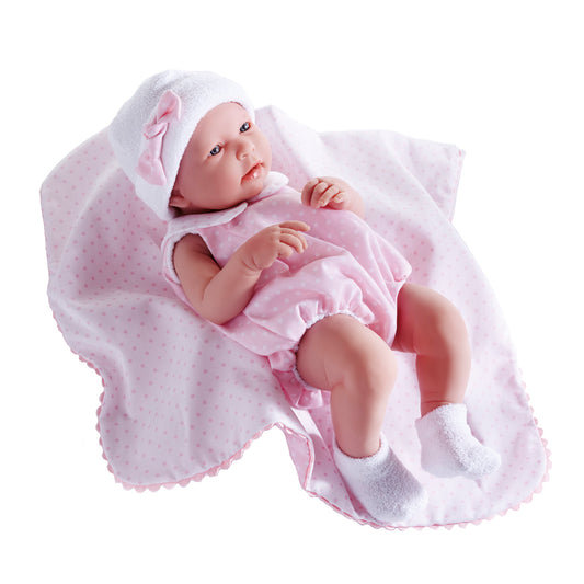 JC Toys,La Newborn All-Vinyl 17in Real Girl Baby Doll-Pink Bubble Suit & Blanket