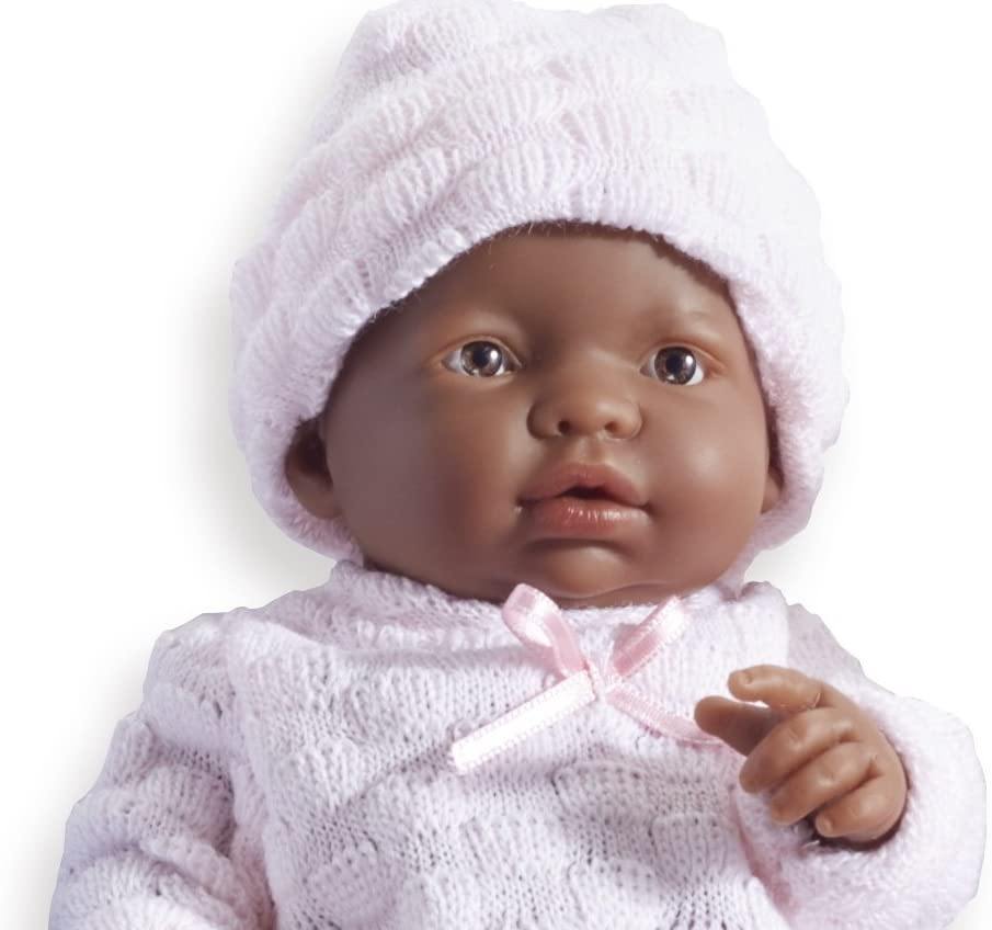 JC Toys, Mini La Newborn All Vinyl 9.5 inches  African American Real Girl Baby Doll dressed in Pink