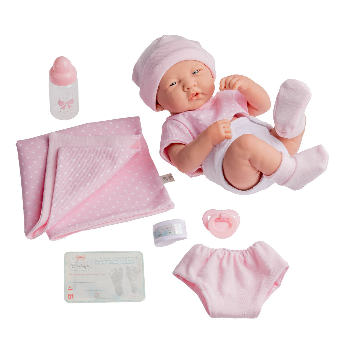 JC Toys, La Newborn Boutique 14 Inch Real Girl Doll-Pink Outfit 9 Pcs Gift Set