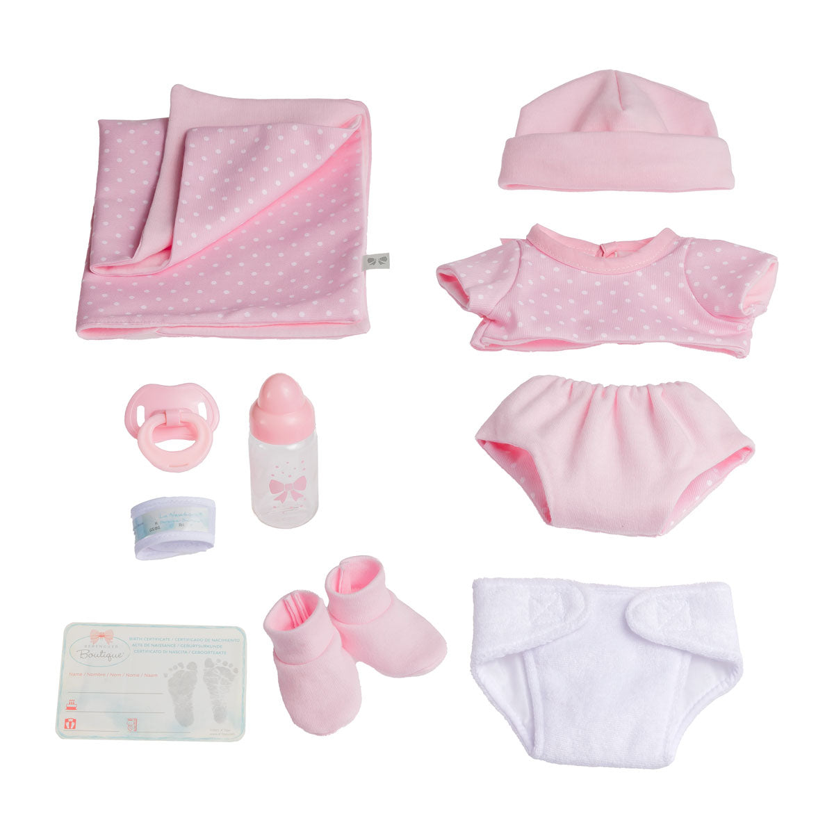 JC Toys La Newborn Boutique 14 Inch Real Girl Doll Pink Outfit 9 Pcs Gift Set