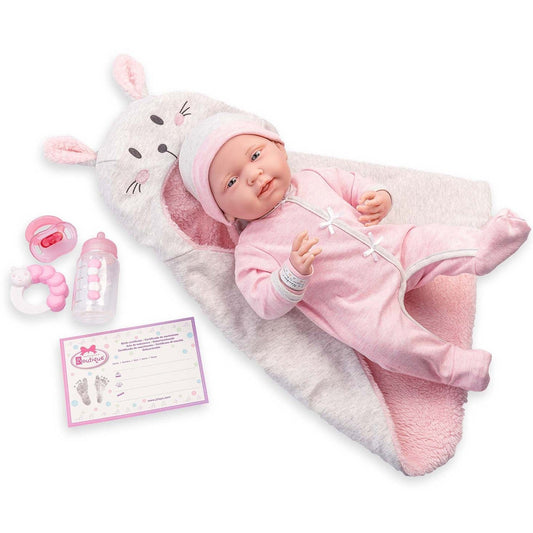 JC Toys, Soft Body La Newborn 15.5 inches baby doll -Pink Bunny Bunting Gift Set