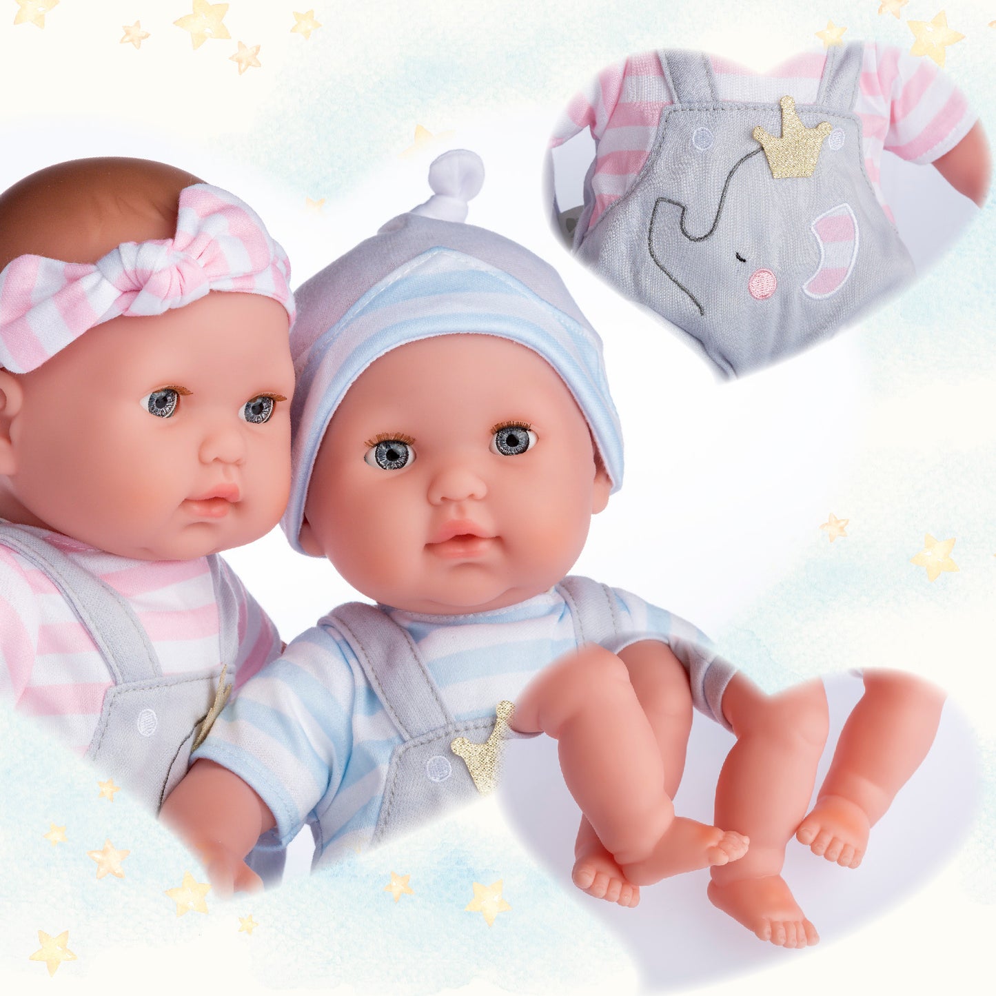 JC Toys, Berenguer Boutique TWINS 15in Soft Body Baby Doll Open/Close Eyes