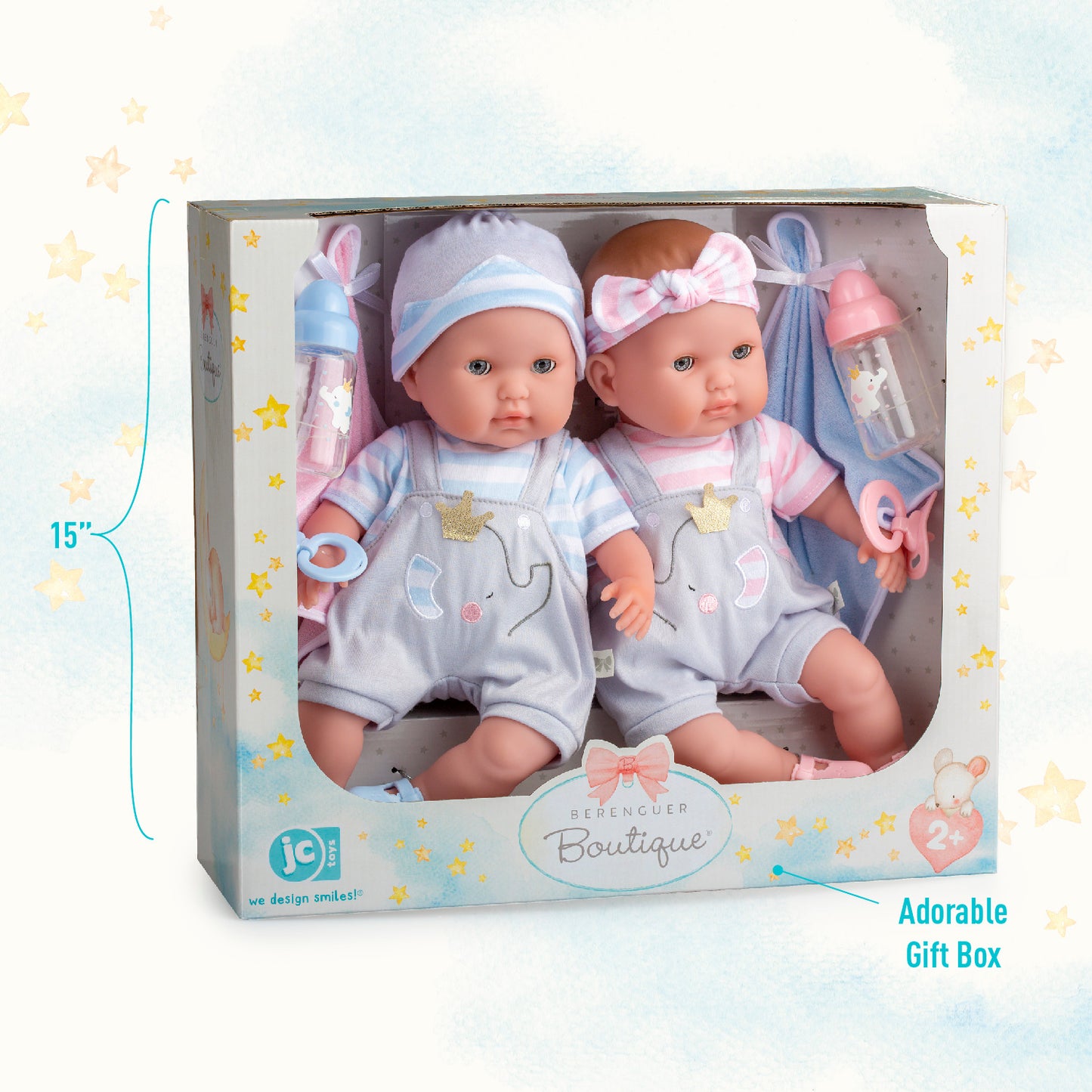 JC Toys, Berenguer Boutique TWINS 15in Soft Body Baby Doll Open/Close Eyes