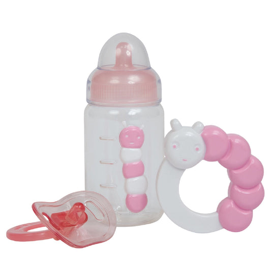 For Keeps! PINK Bottle Rattle and Pacifier Accessory Gift Set 3-Pieces. Fits Most Dolls - Ages 2+