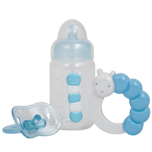 For Keeps! BLUE Bottle Rattle and Pacifier Accessory Gift Set 3-Pieces. Fits Most Dolls - Ages 2+