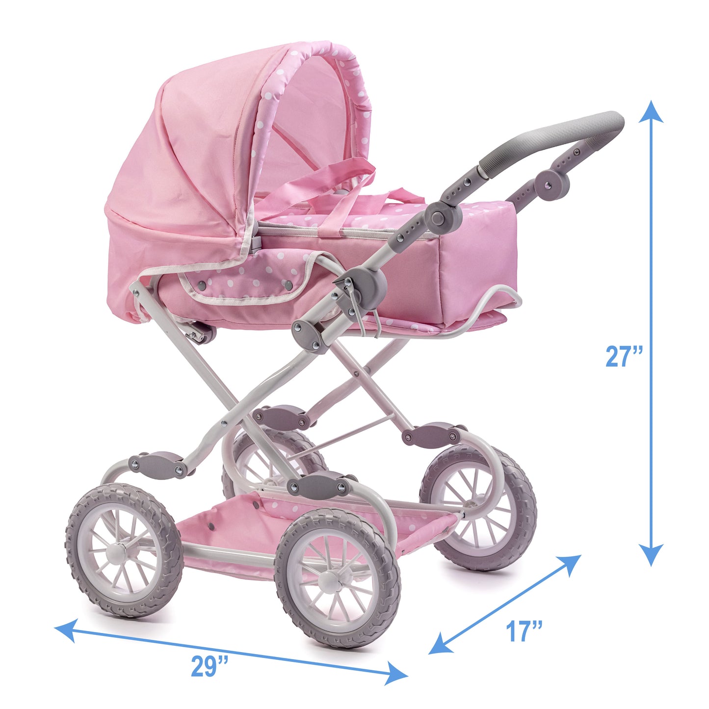 JC Toys Berenguer Boutique Deluxe Foldable Baby Doll Stroller with Canopy Removable Carry Basket Pink Ages 3+