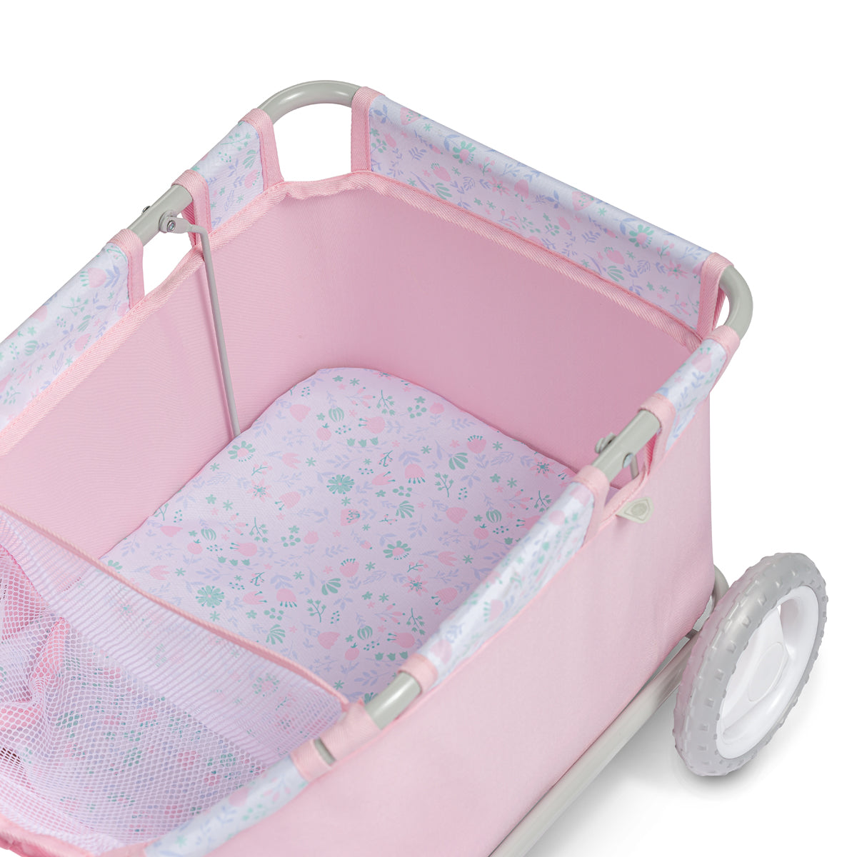 JC Toys - Berenguer Boutique Playtime | Deluxe Folding Pull Along | Pink Floral Collection | For Dolls up to 20" | Ages 3+