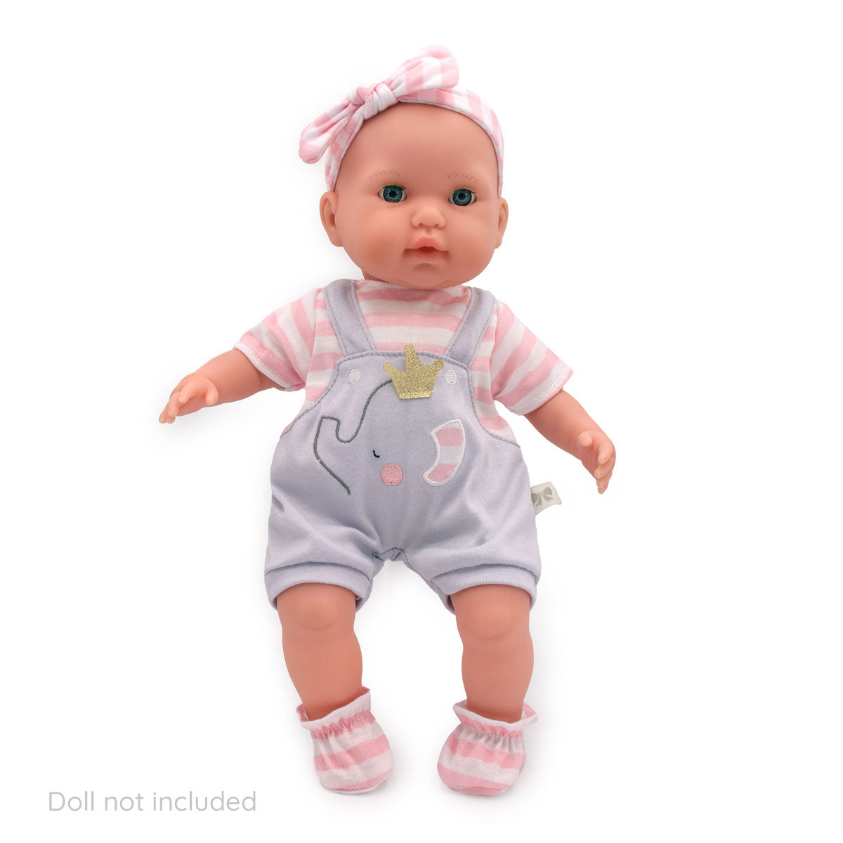 JC Toys Berenguer Boutique Baby Doll Outfit Gray Overall Shorts with Pink Stripes Includes Headband and Booties