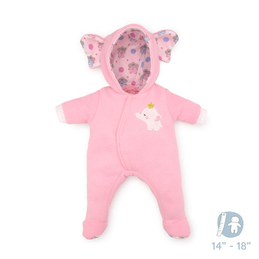 JC Toys Berenguer Boutique Baby Doll Outfit Pink Elephant Themed Hooded Onesie Fits dolls 14"- 18"