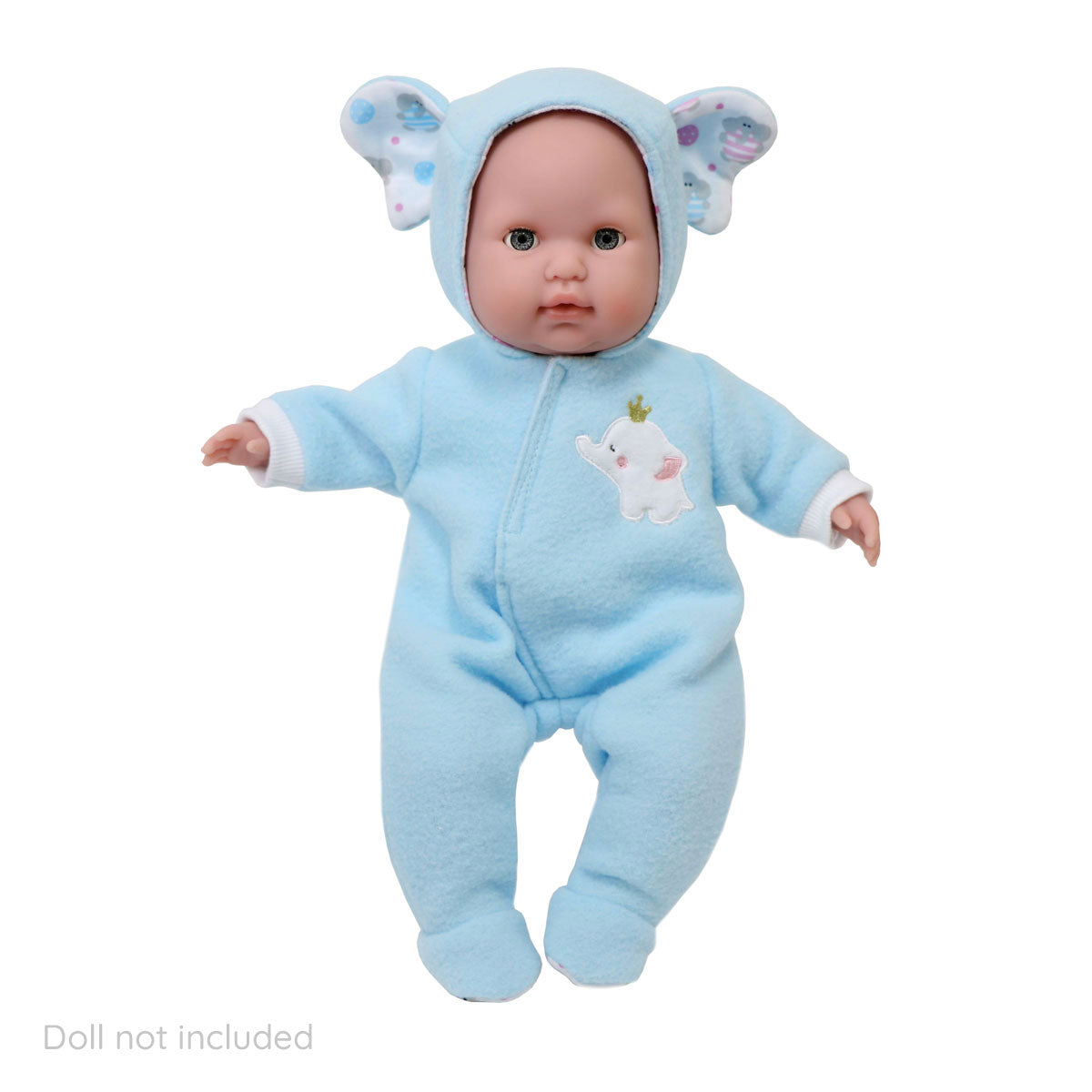 JC Toys Berenguer Boutique Baby Doll Outfit Blue Elephant Themed Hooded Onesie Fits dolls 14"- 18"