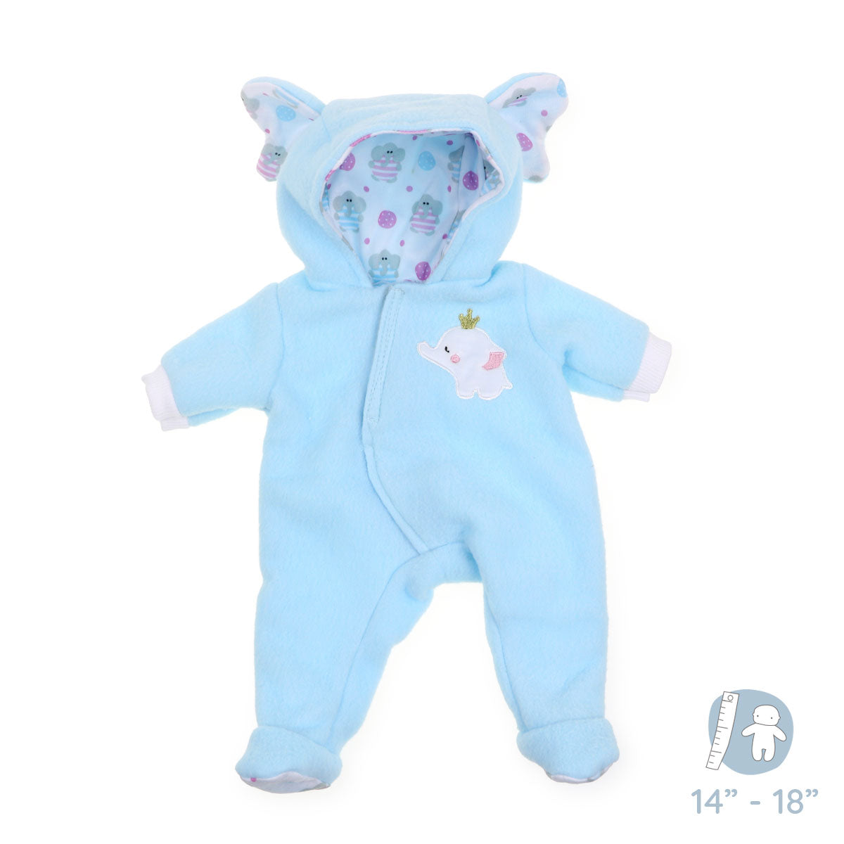 JC Toys Berenguer Boutique Baby Doll Outfit Blue Elephant Themed Hooded Onesie Fits dolls 14"- 18"