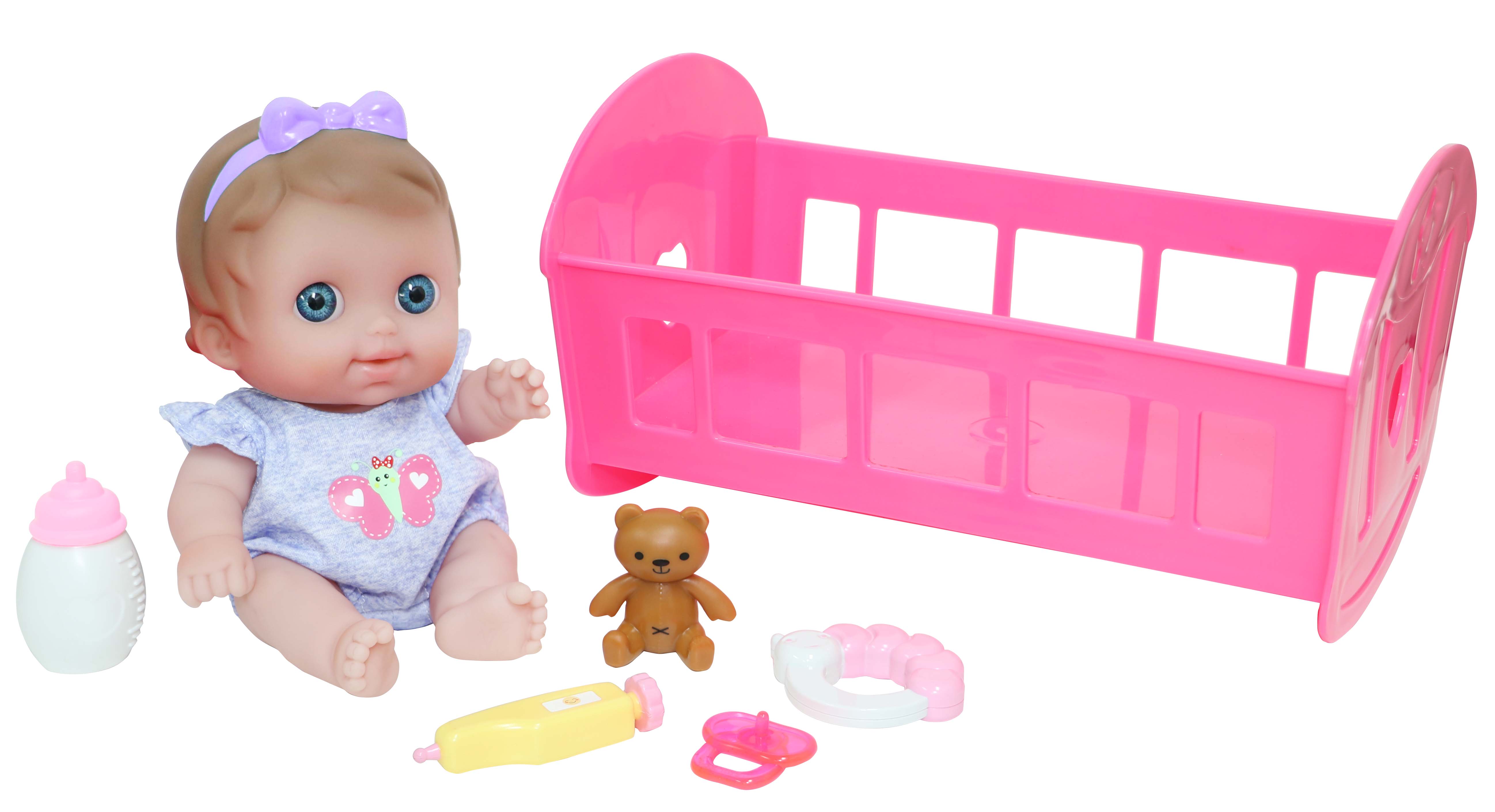 JC Toys, Lil' Cutesies 9.5 inches All Vinyl Washable Doll Rocking Crib Gift  Set