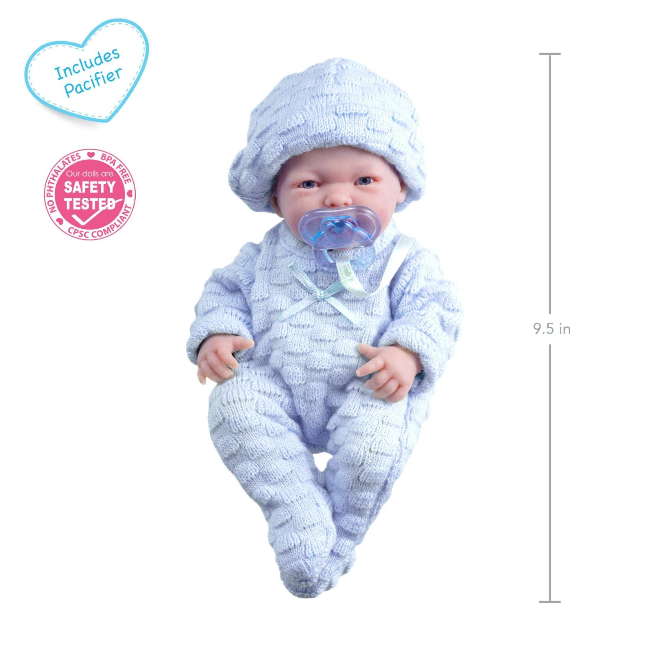 JC Toys, Mini La Newborn All Vinyl 9.5in Real Boy Baby Doll dressed in Blue
