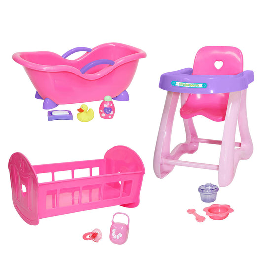 JC Toys, Accessory Bundle Crib, High Chair, Bathtub for Dolls up to 11 inches